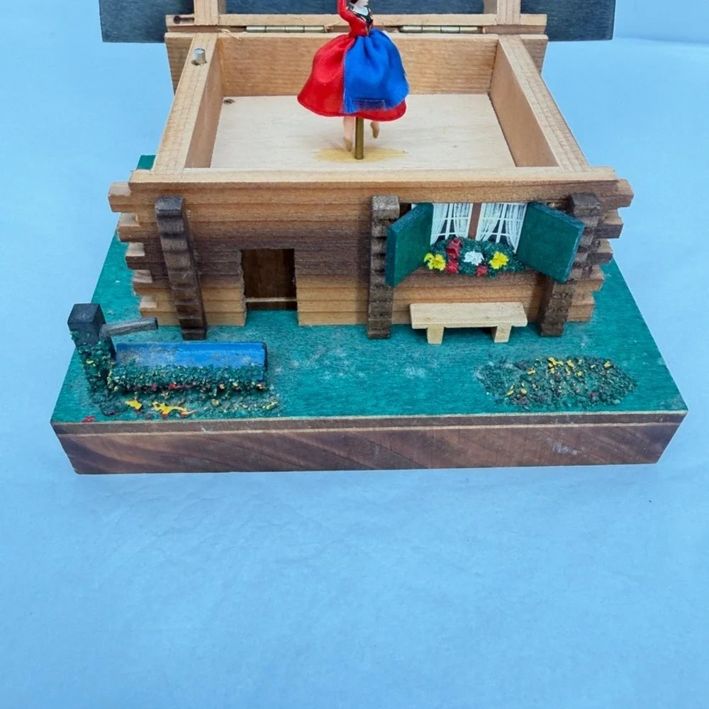Vintage Wooden Swiss Musical Chalet Box Wood Cabin Dancing Ballerina Decor